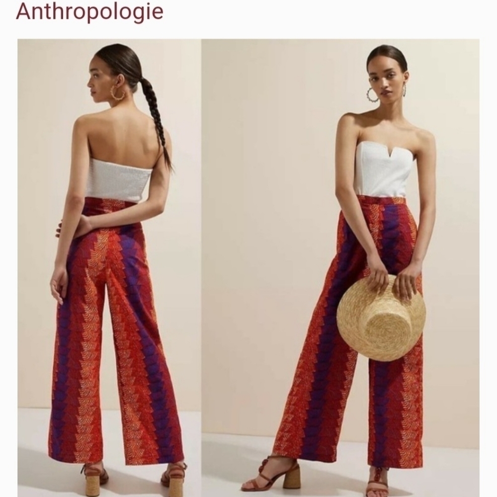 Silka X Anthropologie Sz 8Pants Wide Leg Abstract Orange Motif High Rise